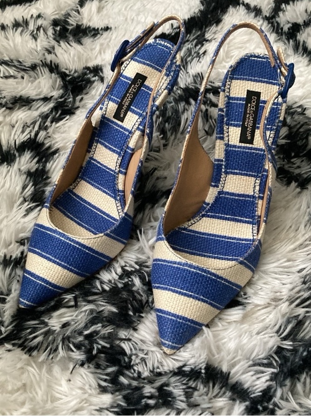 Dolce & Gabbana Blue and White Striped Pointed Slingback Flats